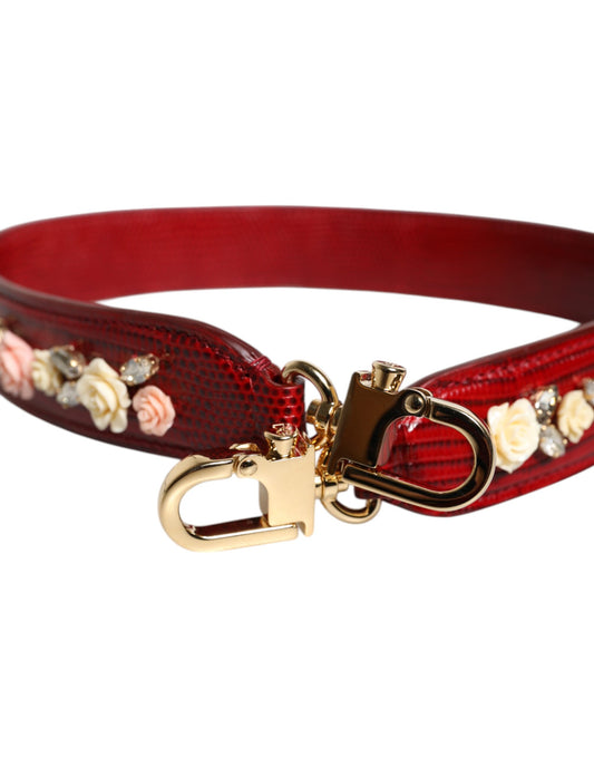 Red Leather Floral Embellish Bag Shoulder Strap-Dolce & Gabbana-LabelTerrace.com