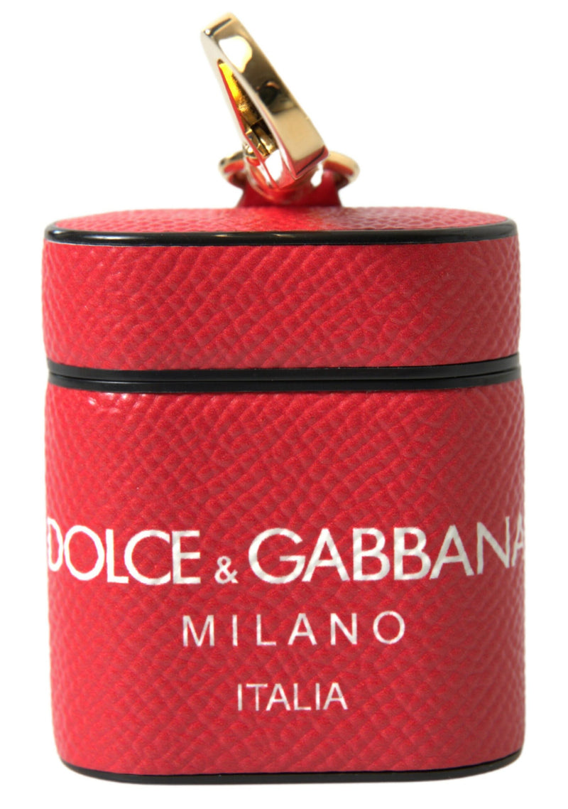 Red Leather Gold Tone Metal Logo Print Airpods Case-Dolce & Gabbana-LabelTerrace.com