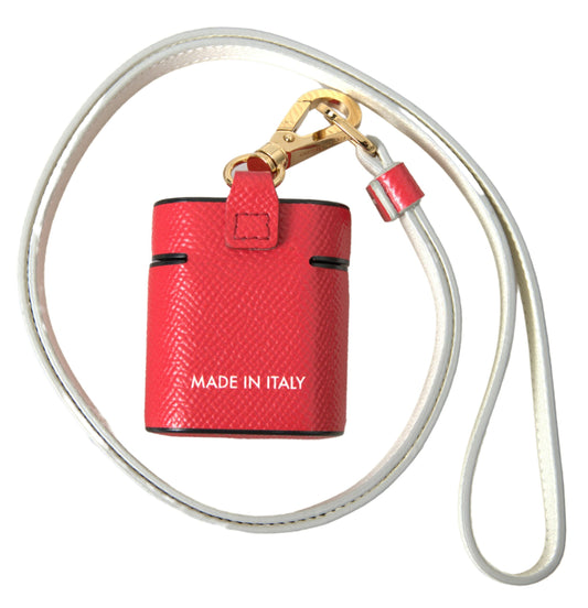 Red Leather Gold Tone Metal Logo Print Strap Airpods Case-Dolce & Gabbana-LabelTerrace.com