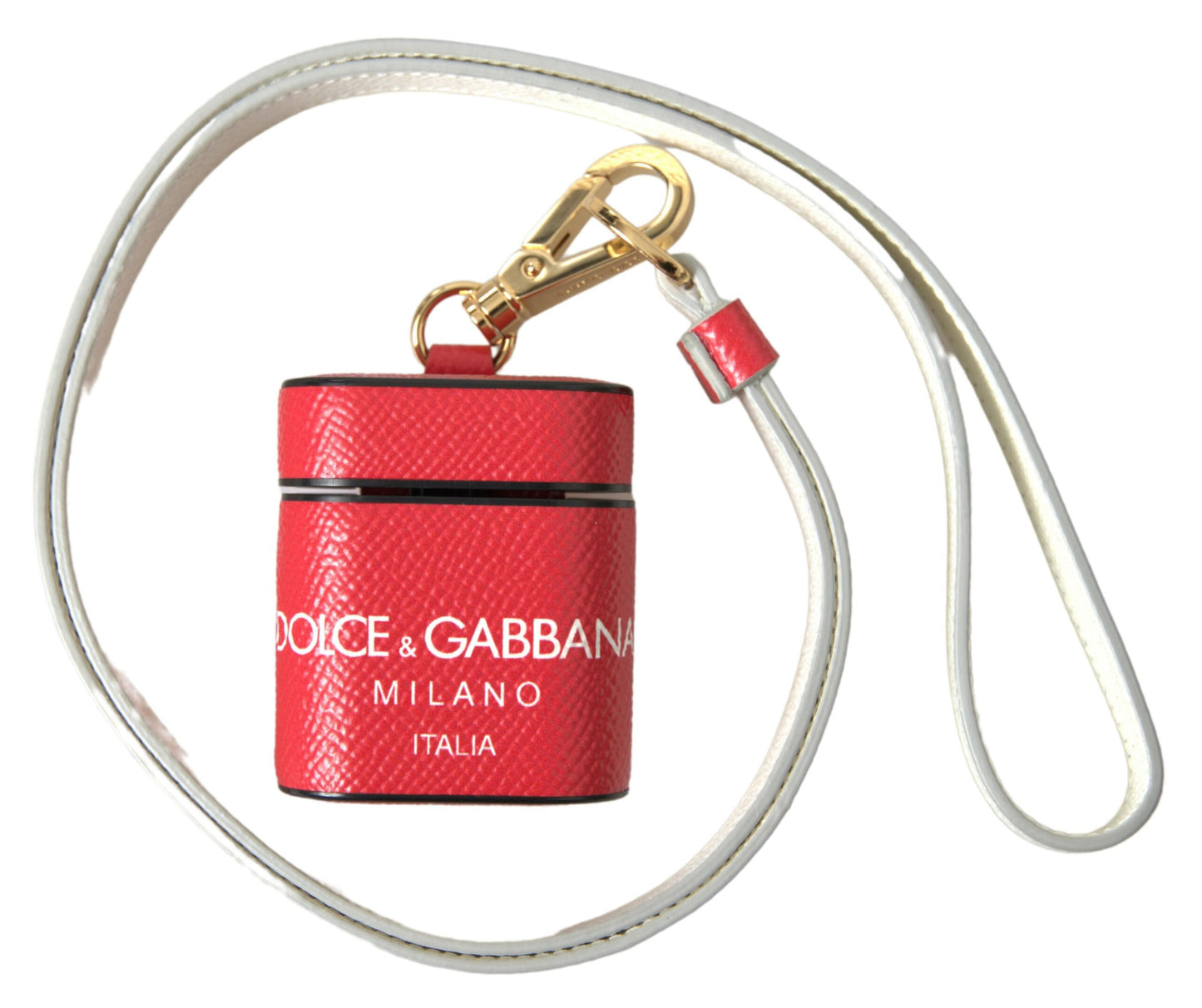 Red Leather Gold Tone Metal Logo Print Strap Airpods Case-Dolce & Gabbana-LabelTerrace.com