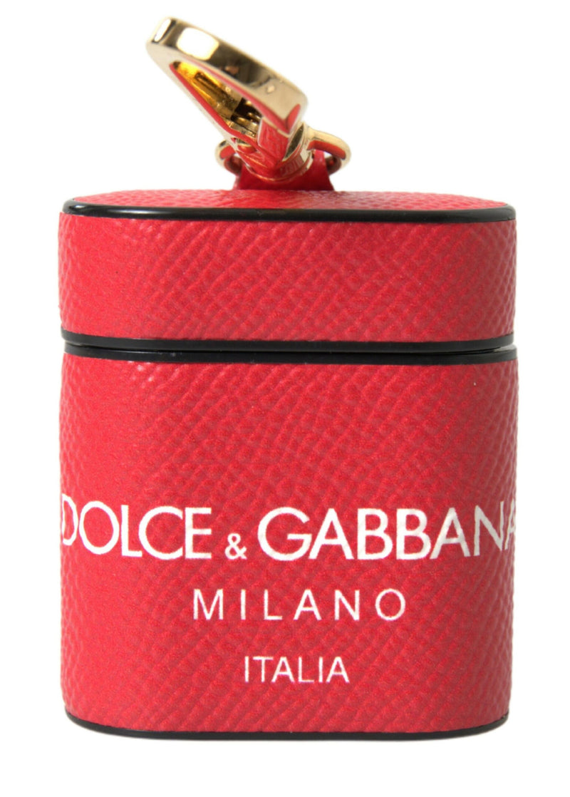 Red Leather Gold Tone Metal Logo Print Strap Airpods Case-Dolce & Gabbana-LabelTerrace.com