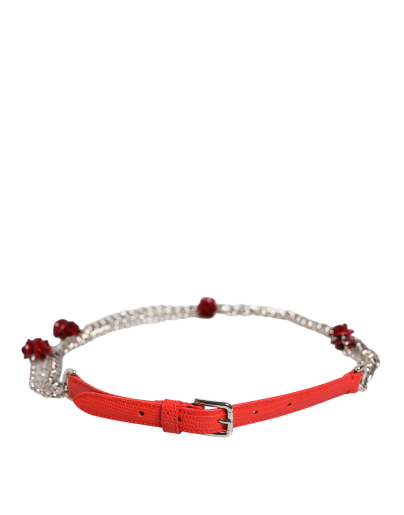 Red Leather Silver Chain Floral Cintura Belt-Dolce & Gabbana-LabelTerrace.com