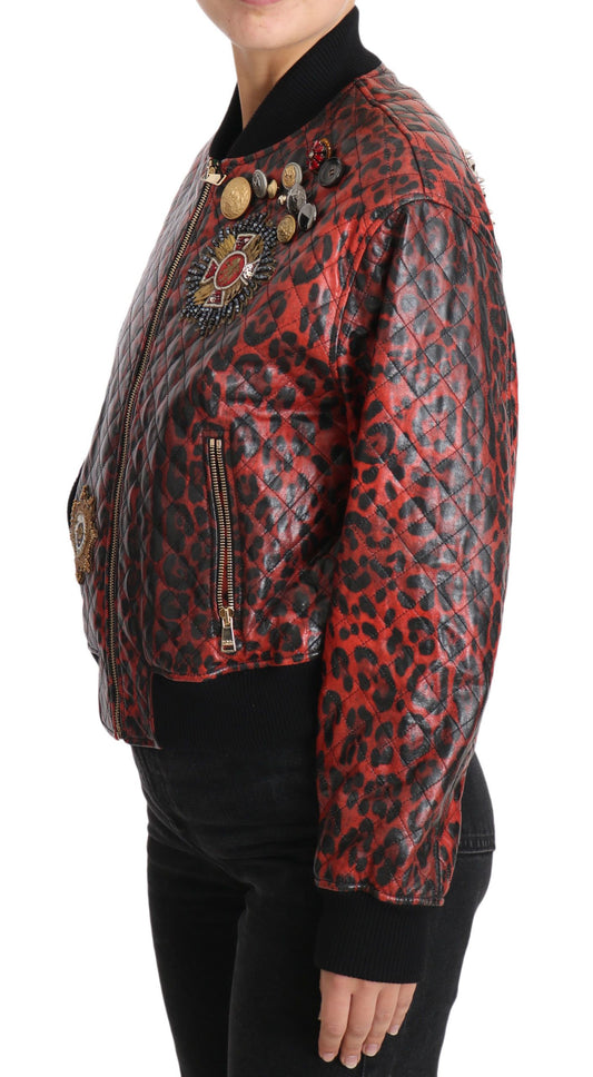 Red Leopard Button Crystal Leather Jacket-Dolce & Gabbana-LabelTerrace.com
