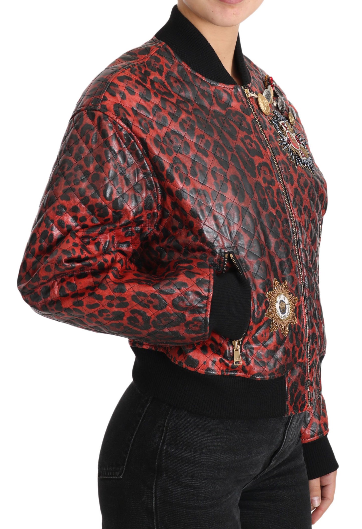 Red Leopard Button Crystal Leather Jacket-Dolce & Gabbana-LabelTerrace.com