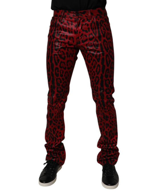 Red Leopard Cotton Slim Fit Denim Jeans-Dolce & Gabbana-LabelTerrace.com