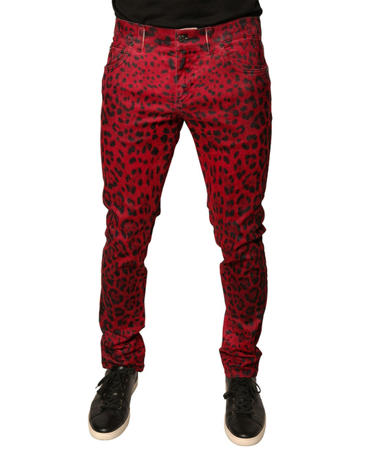 Red Leopard Cotton Stretch Skinny Denim Jeans-Dolce & Gabbana-LabelTerrace.com