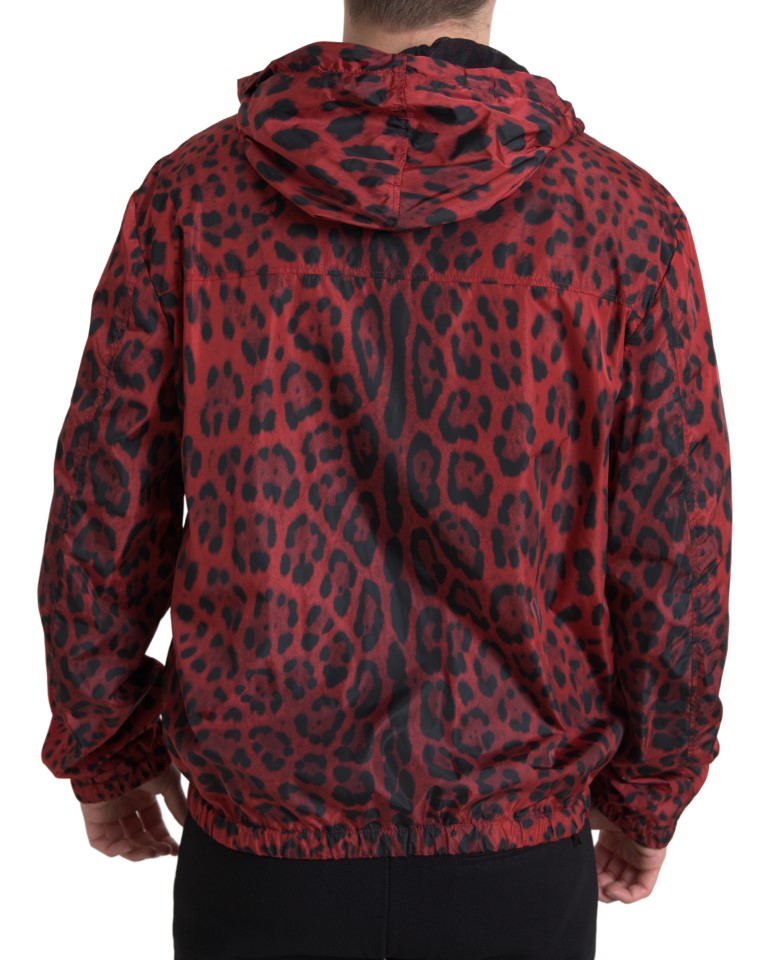 Red Leopard Hooded Bomber Full Zip Jacket-Dolce & Gabbana-LabelTerrace.com