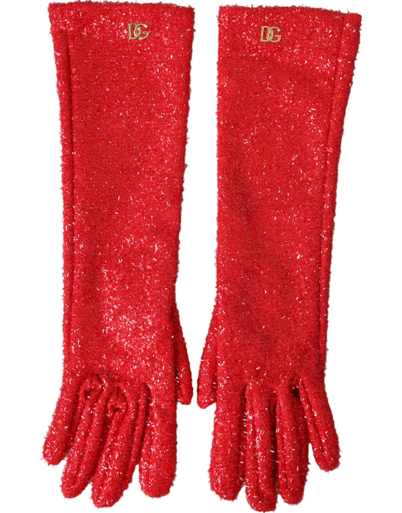 Red Lurex Fantasia Mid Arm Length Gloves-Dolce & Gabbana-LabelTerrace.com