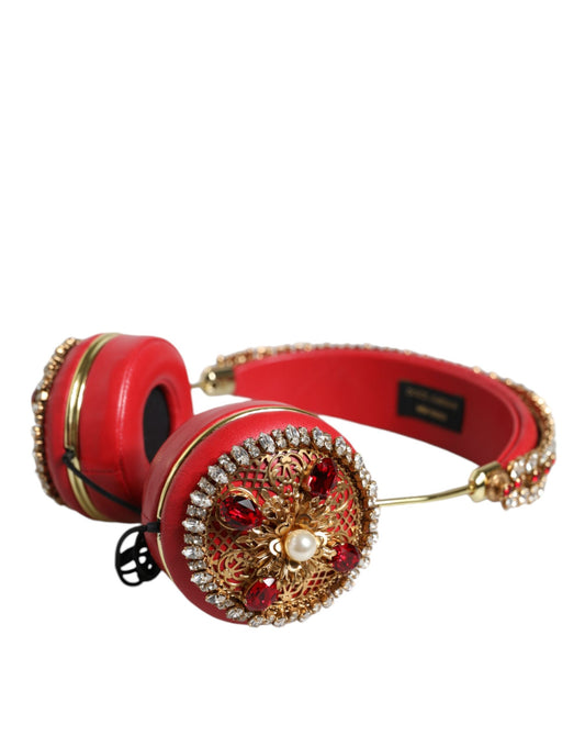 Red Nappa Leather Floral Crystal Headphone-Dolce & Gabbana-LabelTerrace.com