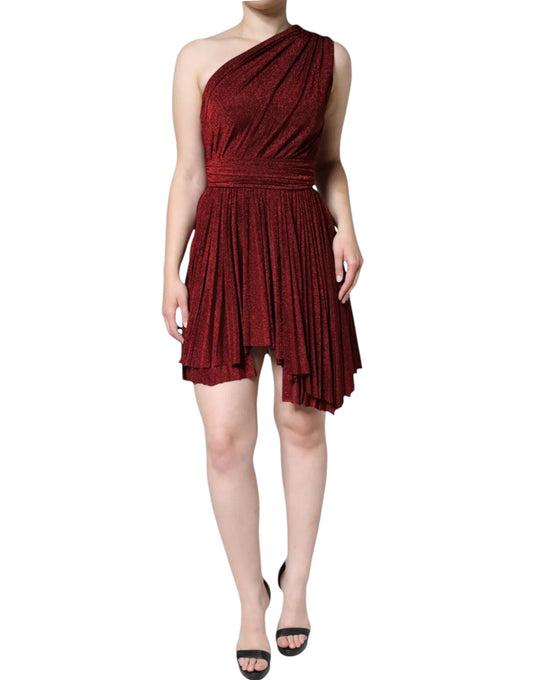 Red One Shoulder Pleated A-line Mini Dress-Dolce & Gabbana-LabelTerrace.com