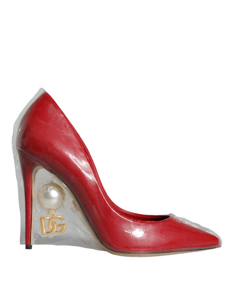 Red Patent Leather Faux Pearl Heels Pumps Shoes-Dolce & Gabbana-LabelTerrace.com