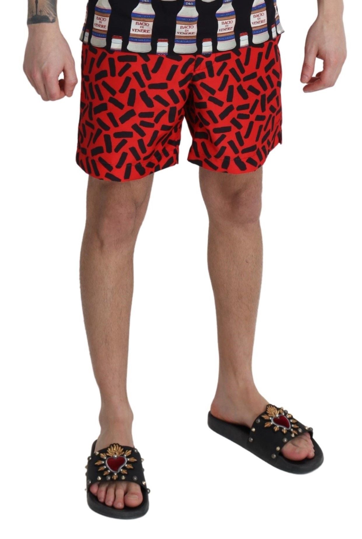 Red Patterned Beachwear Shorts Swimwear-Dolce & Gabbana-LabelTerrace.com