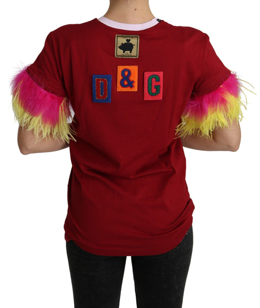 Red Pig Print Feather Sleeves T-shirt Top-Dolce & Gabbana-LabelTerrace.com