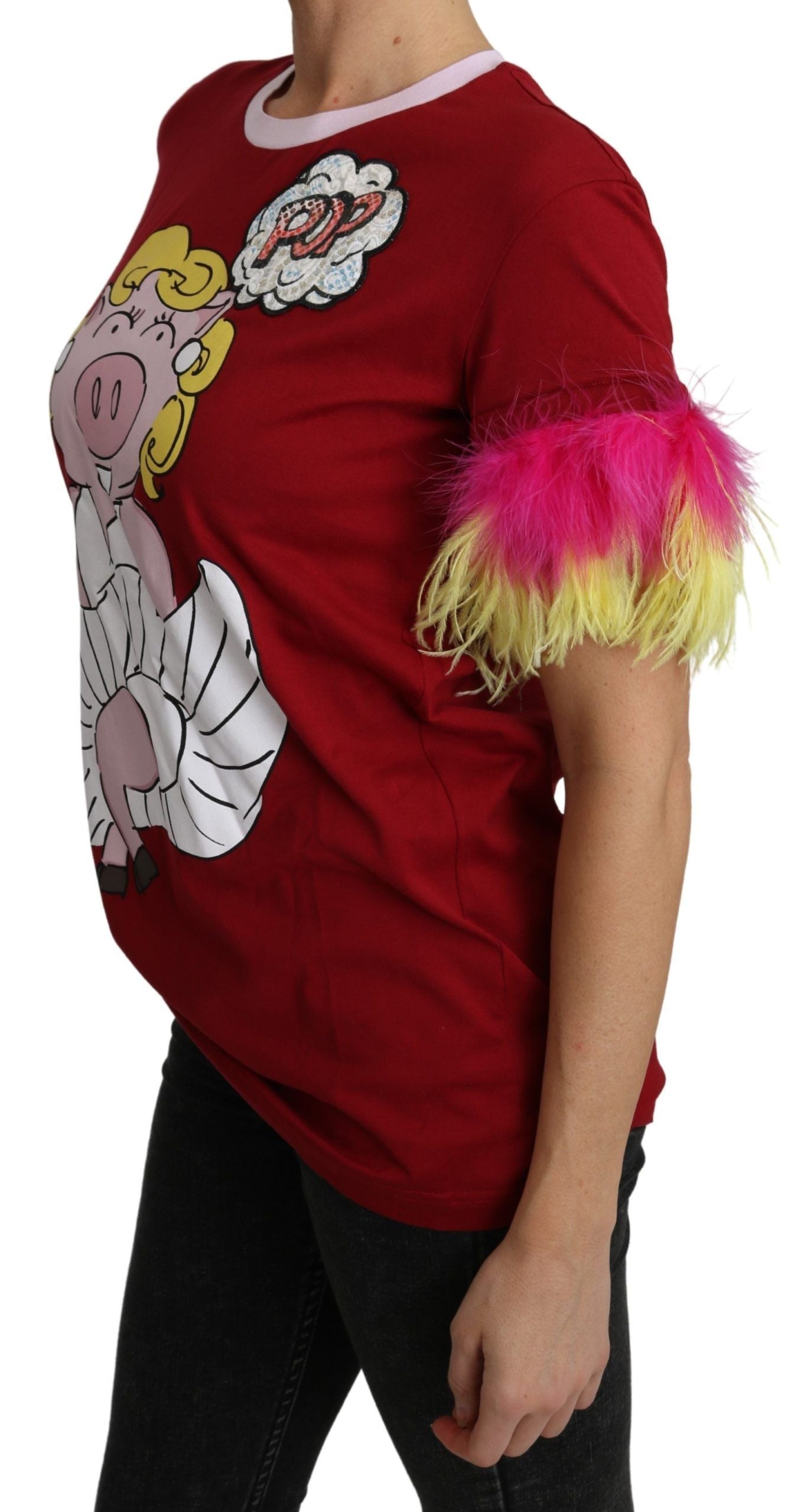 Red Pig Print Feather Sleeves T-shirt Top-Dolce & Gabbana-LabelTerrace.com