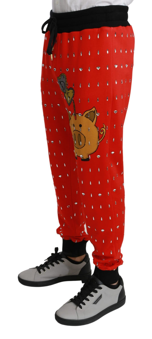 Red Piggy Bank Cotton Crystal Trousers Pants-Dolce & Gabbana-LabelTerrace.com