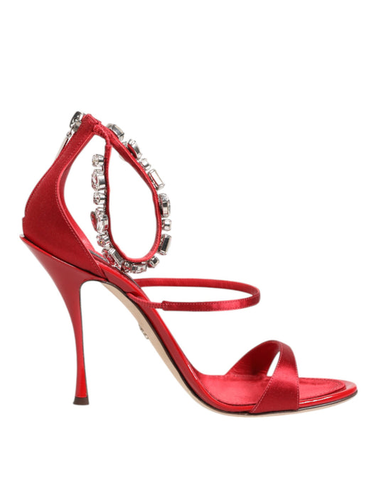 Red Satin Crystals Keira Sandals Heels Shoes-Dolce & Gabbana-LabelTerrace.com