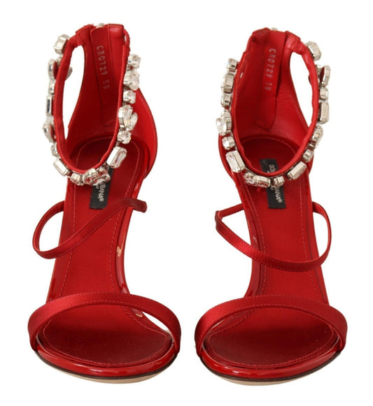 Red Satin Crystals Sandals Keira Heels Shoes-Dolce & Gabbana-LabelTerrace.com