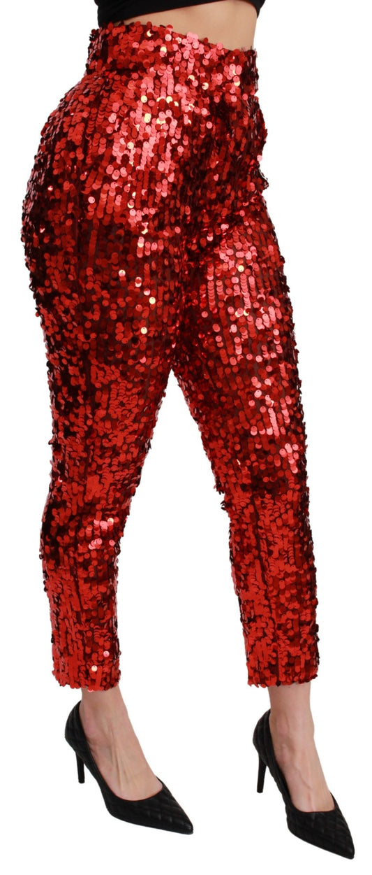 Red Sequined Cropped Trousers Pants-Dolce & Gabbana-LabelTerrace.com