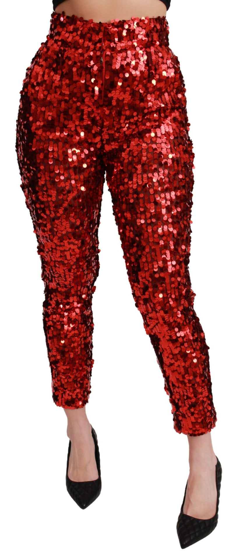 Red Sequined Cropped Trousers Pants-Dolce & Gabbana-LabelTerrace.com
