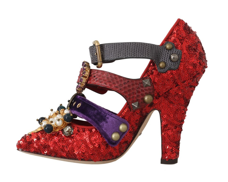 Red Sequined Crystal Studs Heels Shoes-Dolce & Gabbana-LabelTerrace.com