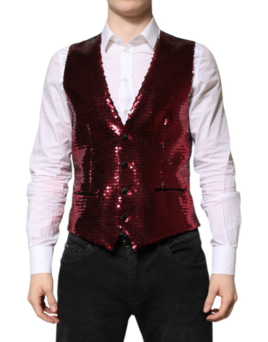 Red Sequined Dress Formal Men Waistcoat Vest-Dolce & Gabbana-LabelTerrace.com