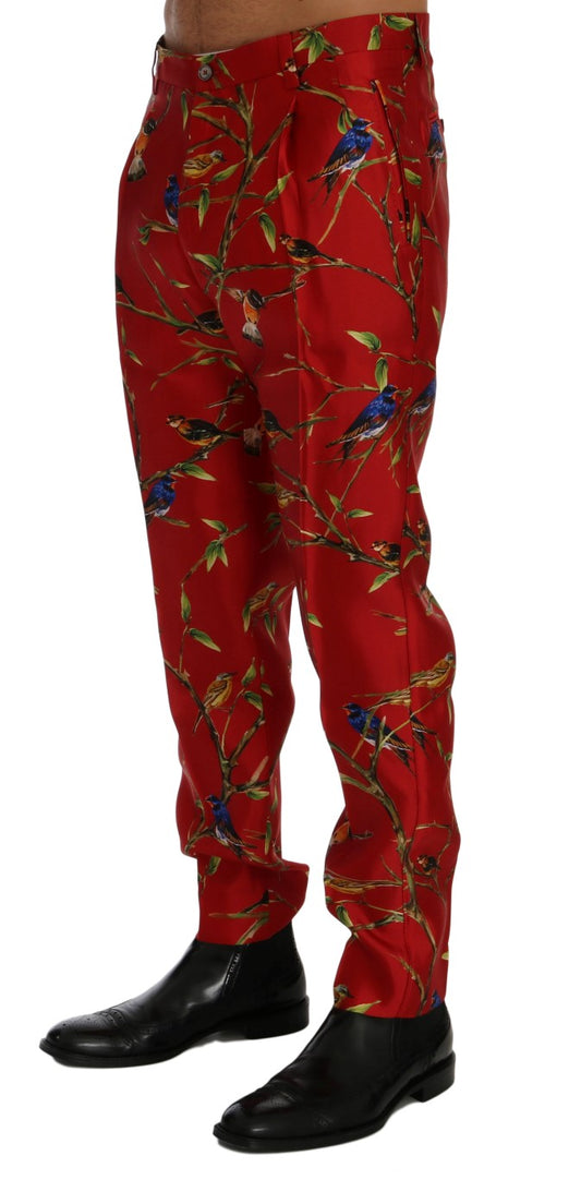 Red Silk Bird Print Dress Pants-Dolce & Gabbana-LabelTerrace.com