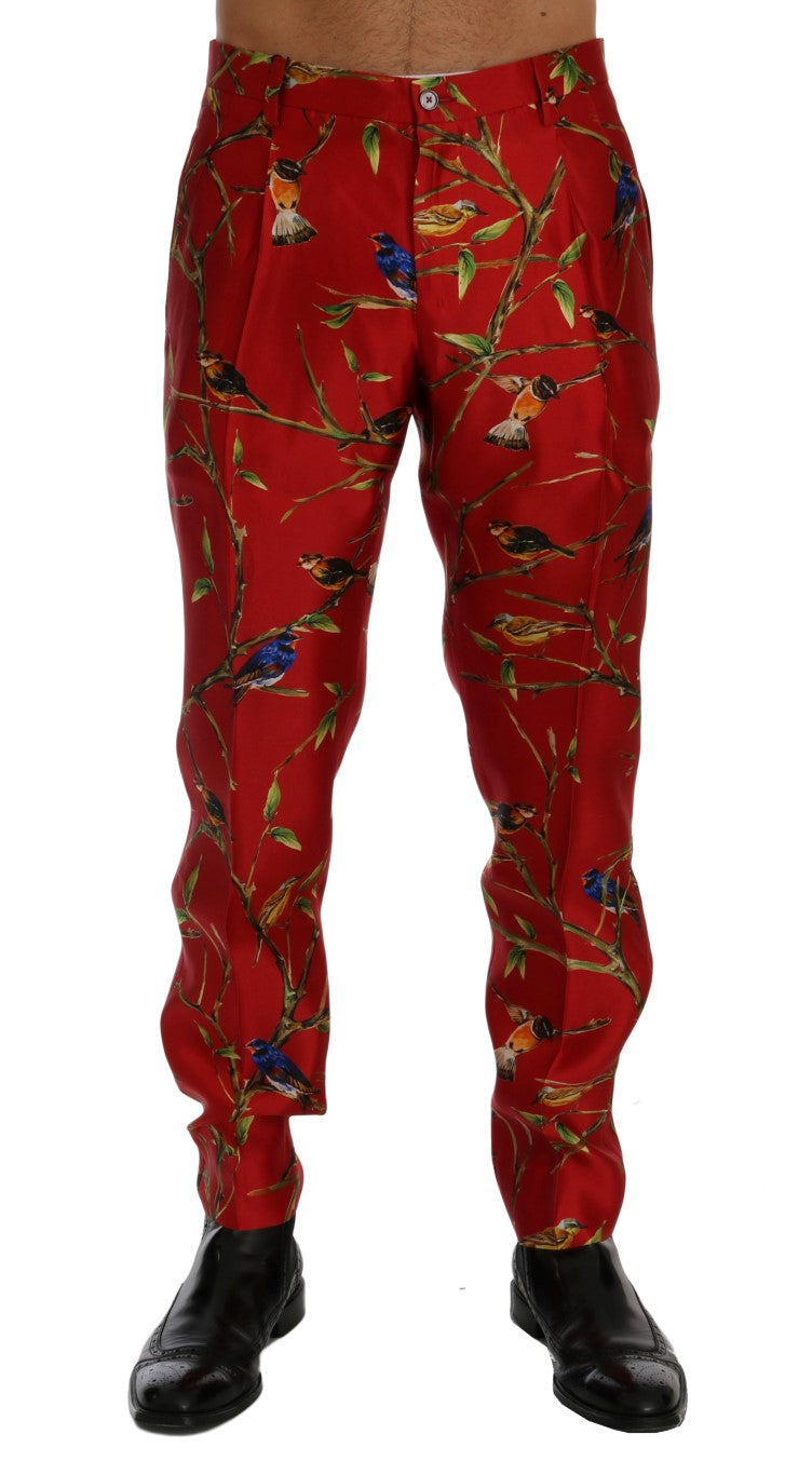 Red Silk Bird Print Dress Pants-Dolce & Gabbana-LabelTerrace.com