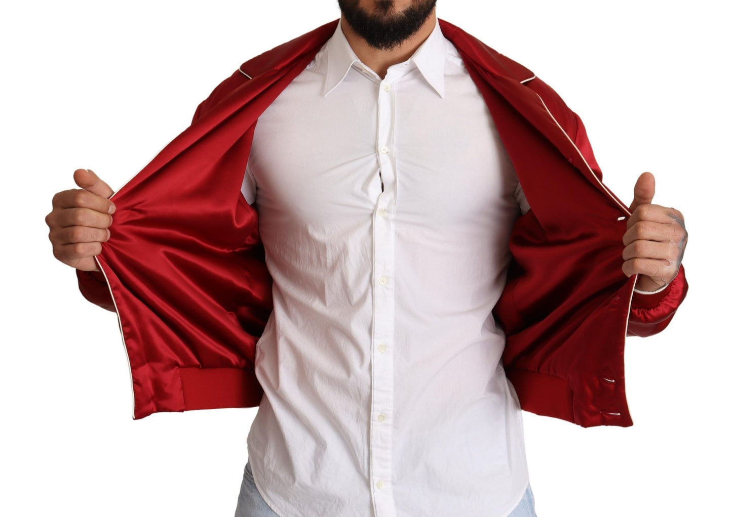 Red Silk Button DG Logo Bomber Jacket-Dolce & Gabbana-LabelTerrace.com