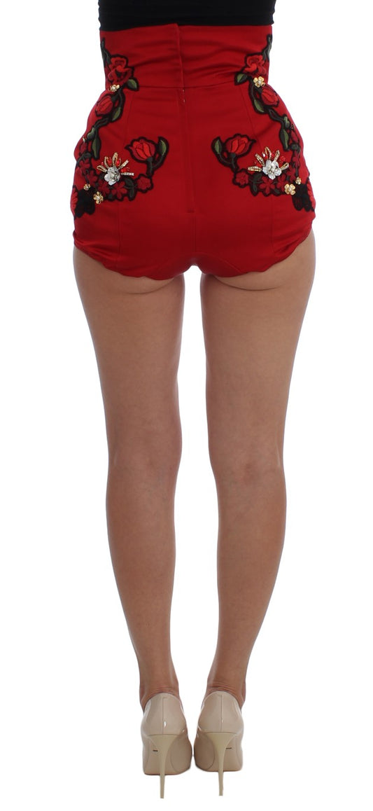 Red Silk Crystal Roses Shorts-Dolce & Gabbana-LabelTerrace.com