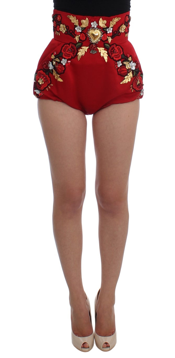 Red Silk Crystal Roses Shorts-Dolce & Gabbana-LabelTerrace.com