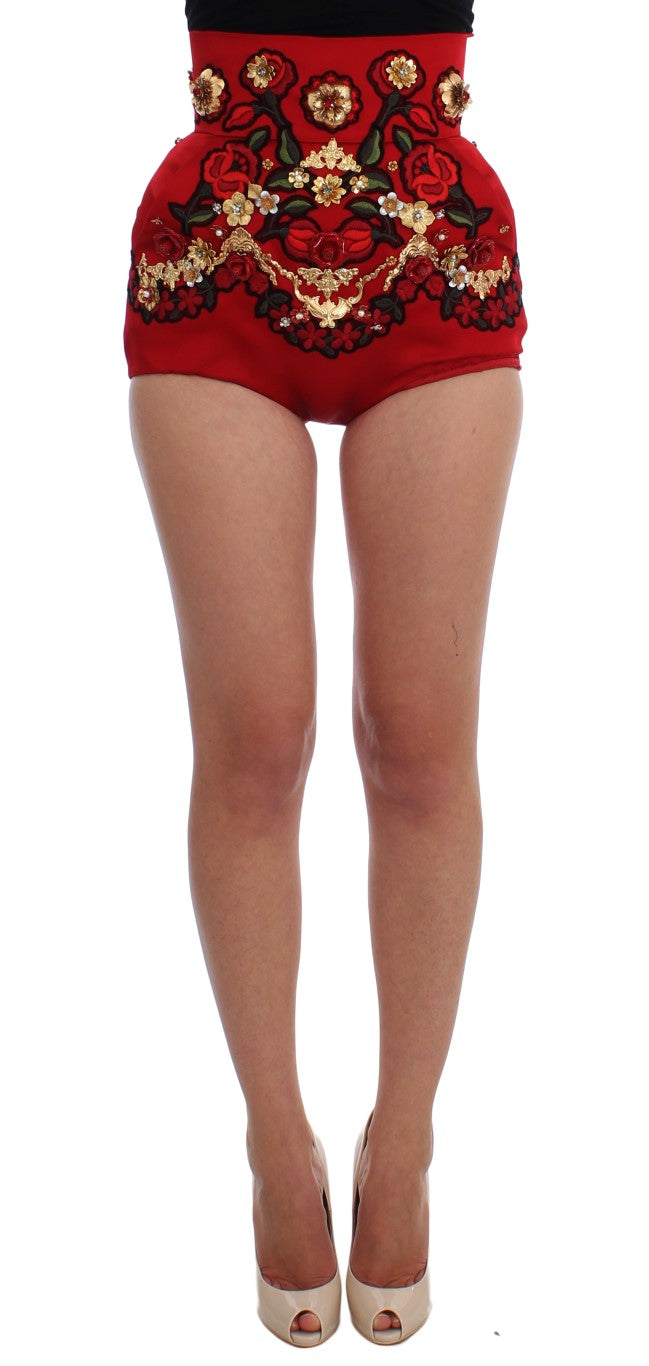 Red Silk Crystal Roses Shorts-Dolce & Gabbana-LabelTerrace.com