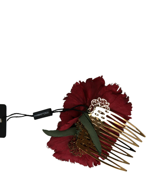 Red Silk Floral Gold Brass Women Hair Comb-Dolce & Gabbana-LabelTerrace.com