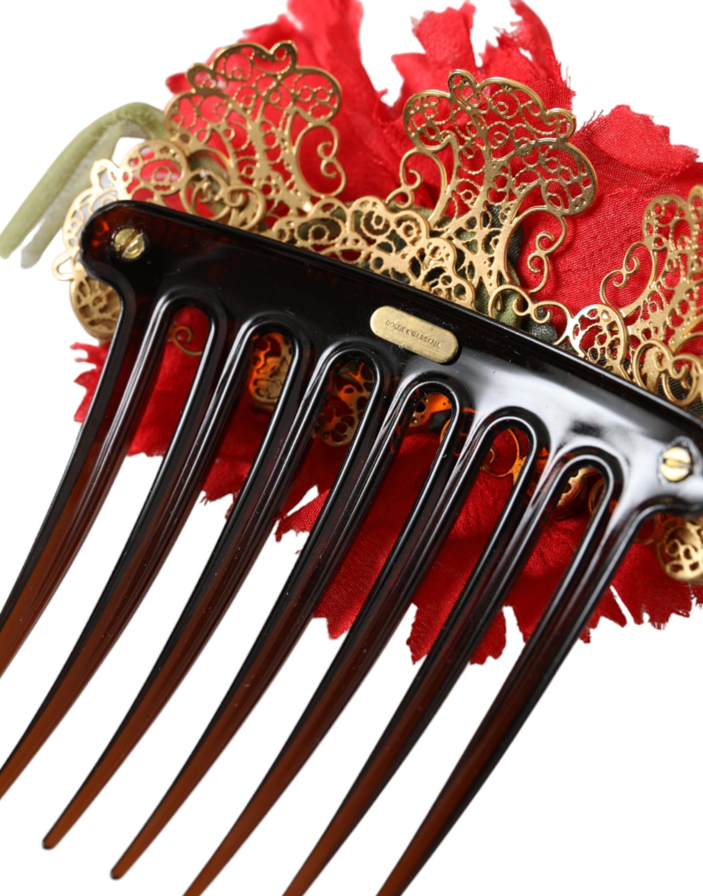 Red Silk Floral Gold Brass Women Hair Comb-Dolce & Gabbana-LabelTerrace.com