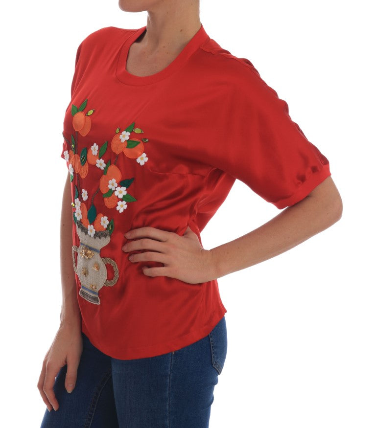 Red Silk Oranges Floral Crystal Blouse-Dolce & Gabbana-LabelTerrace.com