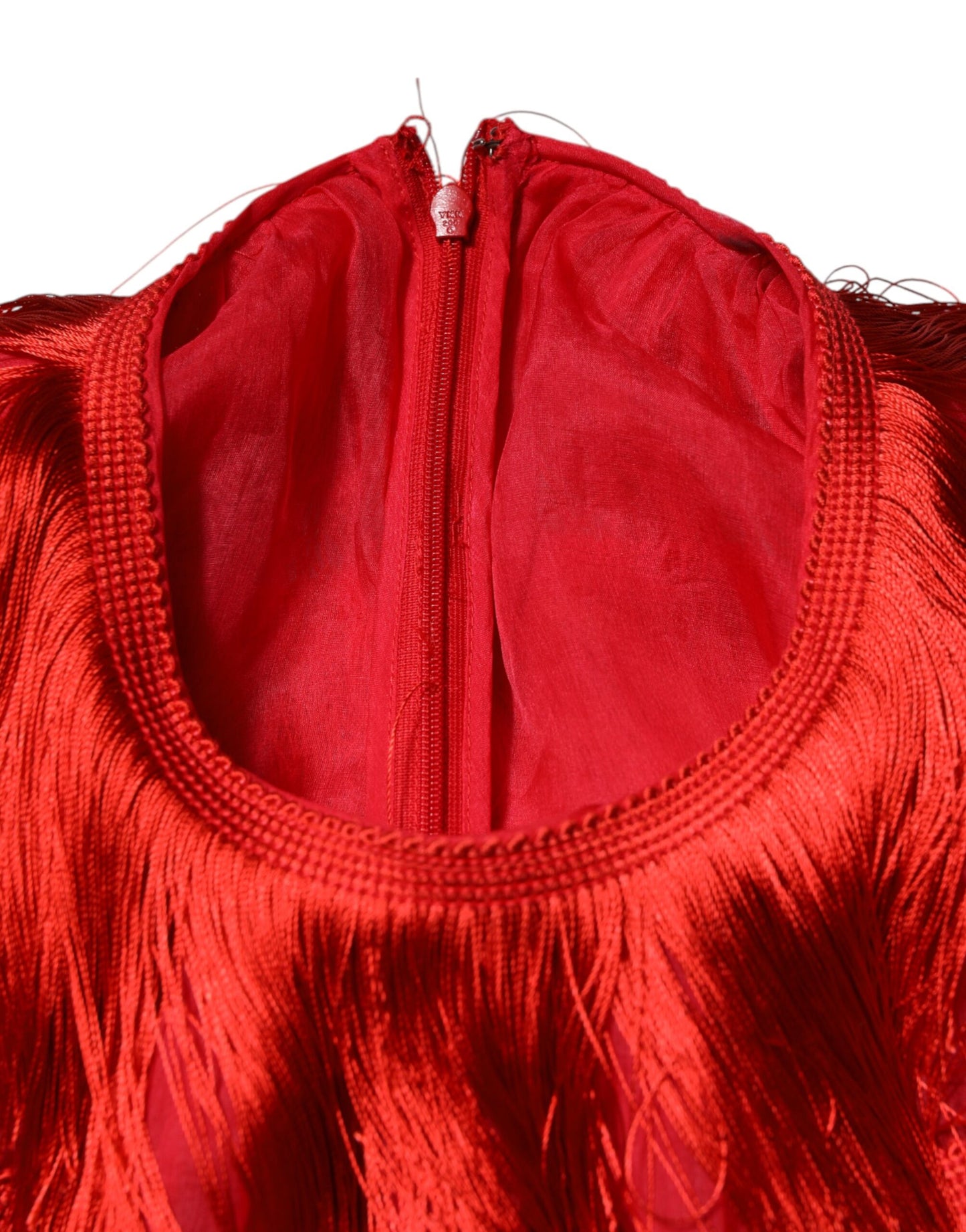 Red Silk Tiers Fringe Shift Knee Length Dress-Dolce & Gabbana-LabelTerrace.com