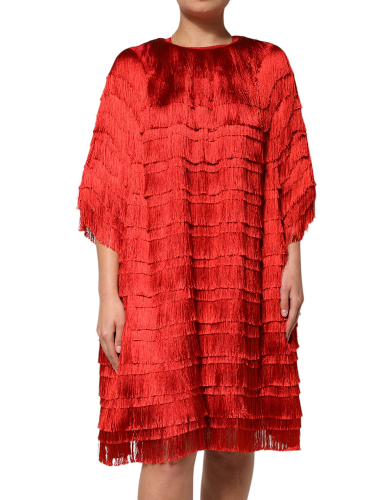 Red Silk Tiers Fringe Shift Knee Length Dress-Dolce & Gabbana-LabelTerrace.com