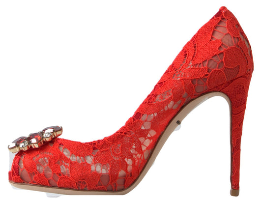 Red Taormina Lace Crystal Heels Pumps Shoes-Dolce & Gabbana-LabelTerrace.com