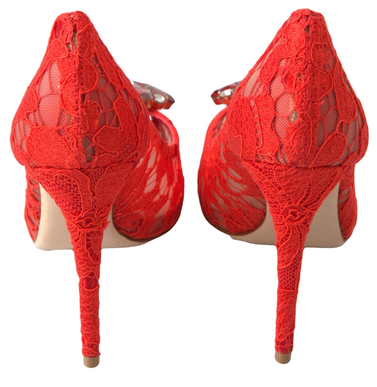 Red Taormina Lace Crystal Heels Pumps Shoes-Dolce & Gabbana-LabelTerrace.com