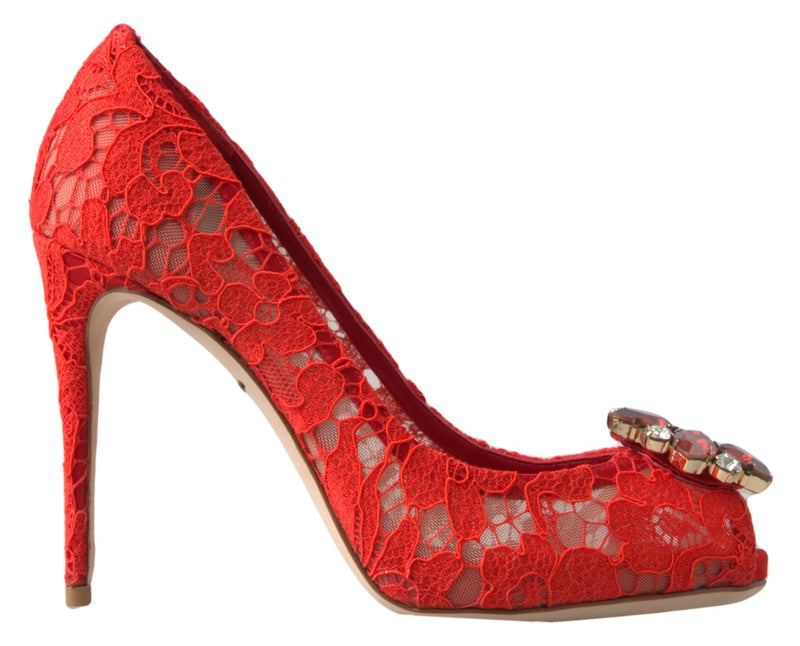 Red Taormina Lace Crystal Heels Pumps Shoes-Dolce & Gabbana-LabelTerrace.com