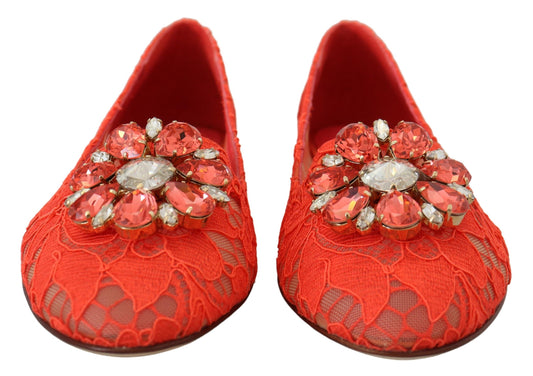 Red Taormina Lace Crystals Ballet Flats Shoes-Dolce & Gabbana-LabelTerrace.com