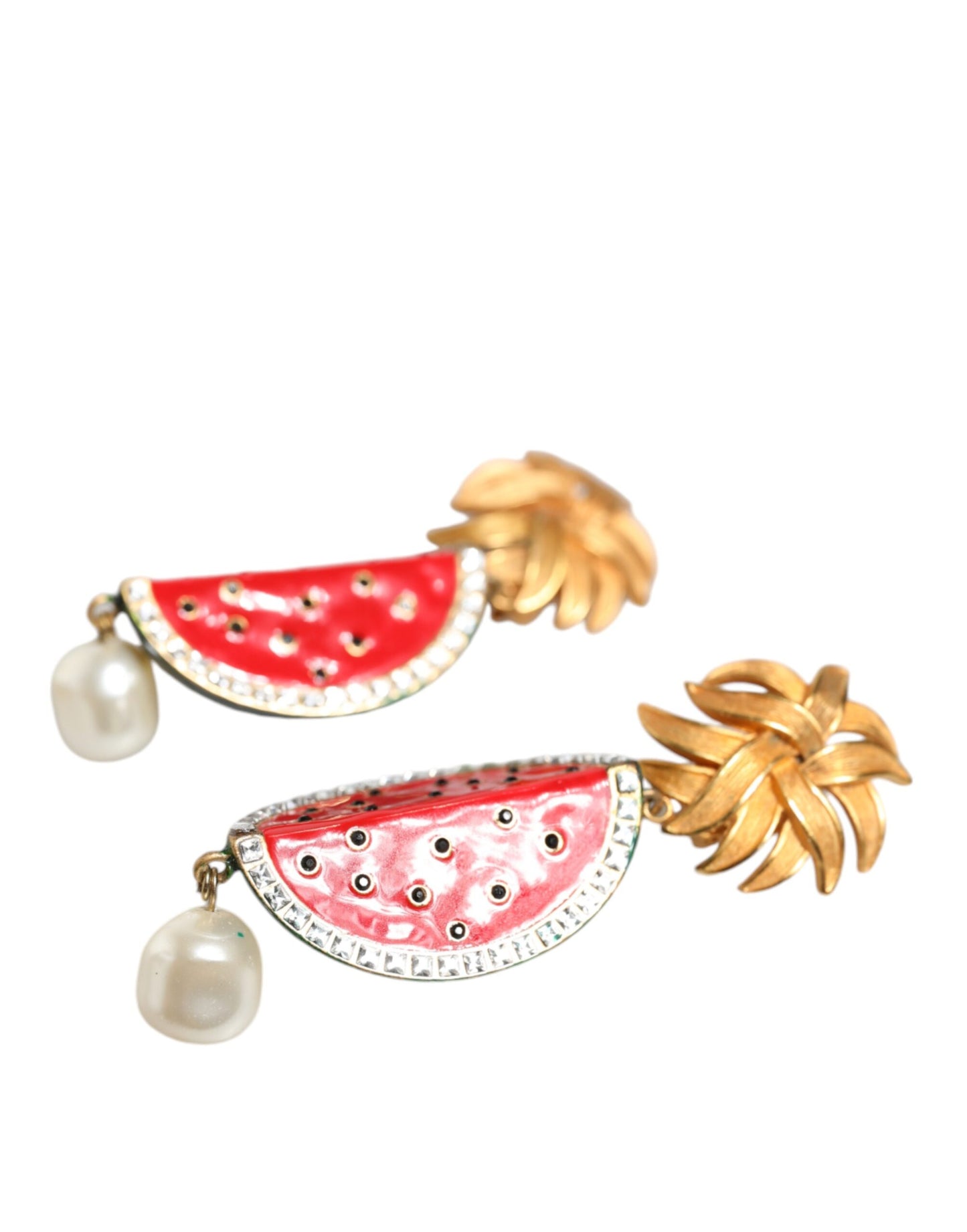 Red Watermelon Gold Brass Crystal Clip Dangling Earrings-Dolce & Gabbana-LabelTerrace.com