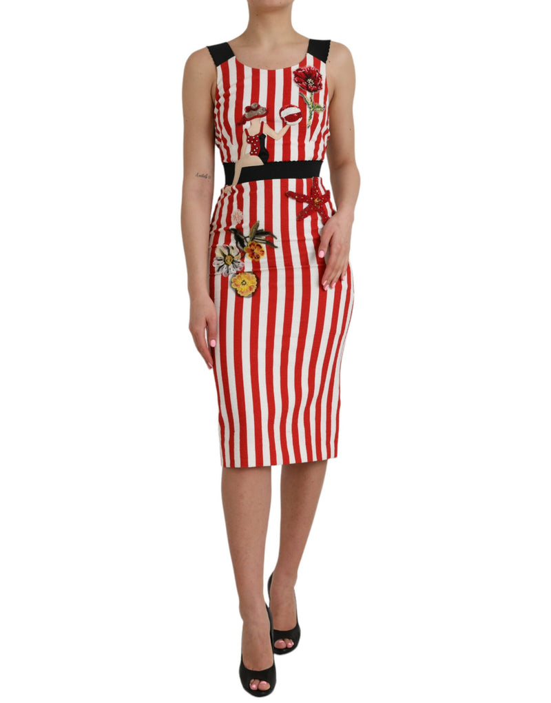 Red White Floral Sleeveless Sheath Midi Dress-Dolce & Gabbana-LabelTerrace.com