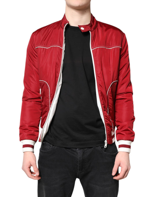 Red White Nylon Full Zip Men Bomber Jacket-Dolce & Gabbana-LabelTerrace.com