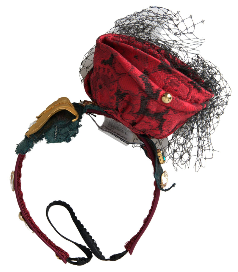 Red with multicolor Rose Silk Crystal Netted Logo Diadem Headband-Dolce & Gabbana-LabelTerrace.com
