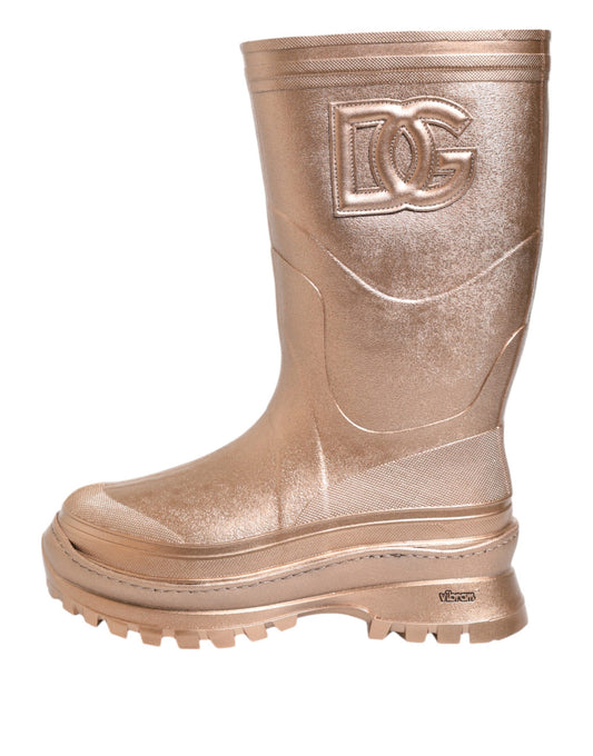 Rose Gold Rubber Pull On Rain Boots Shoes-Dolce & Gabbana-LabelTerrace.com