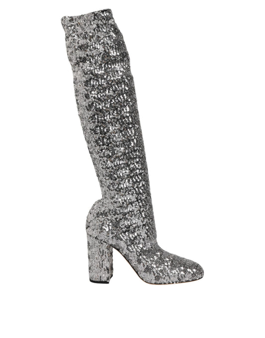 Shoes Silver Sequins Glitter High Heel Boot Shoes-Dolce & Gabbana-LabelTerrace.com