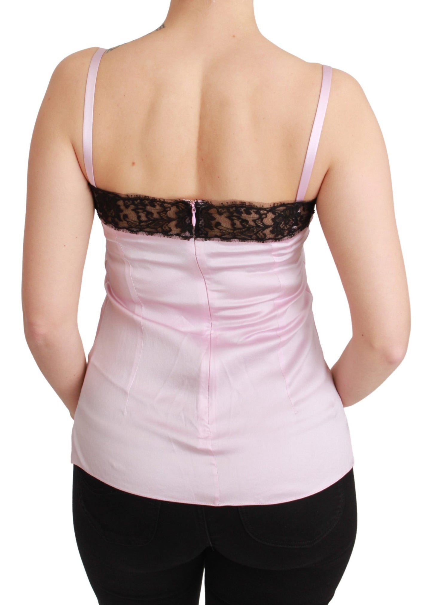 Silk Black Lace Top Pink Tank Blouse-Dolce & Gabbana-LabelTerrace.com