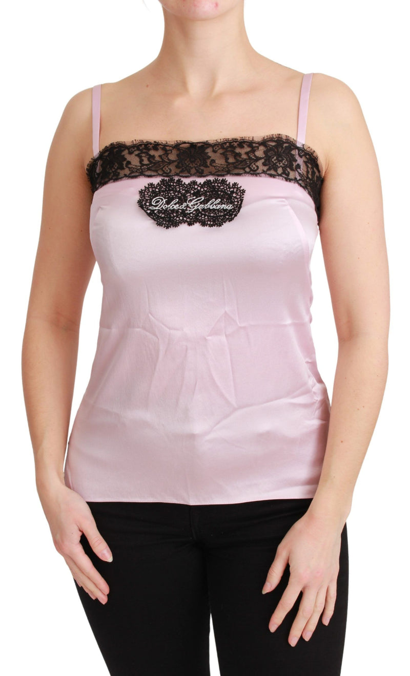 Silk Black Lace Top Pink Tank Blouse-Dolce & Gabbana-LabelTerrace.com