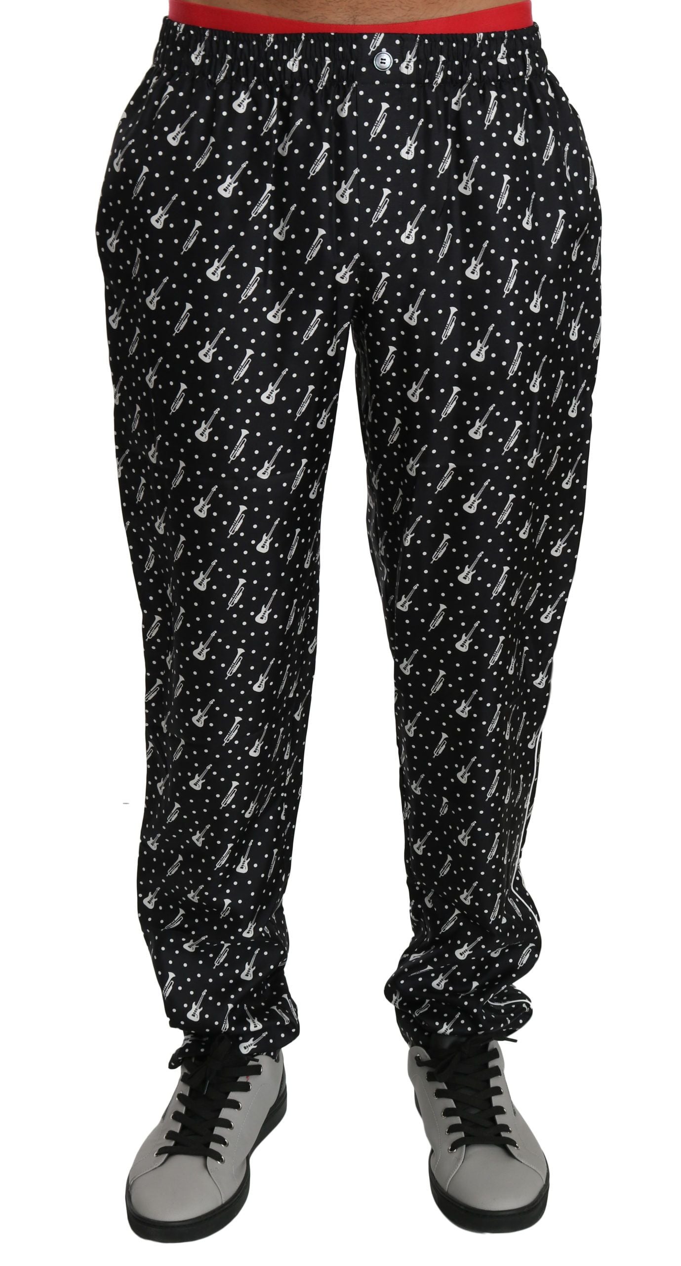 Silk Black Musical Instrument Trouser Pants-Dolce & Gabbana-LabelTerrace.com