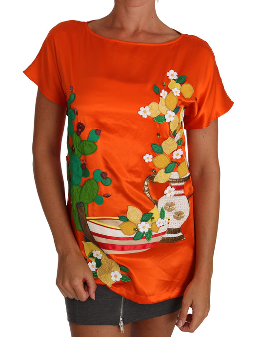 Silk Orange Lemon Crystal T-shirt Top-Dolce & Gabbana-LabelTerrace.com